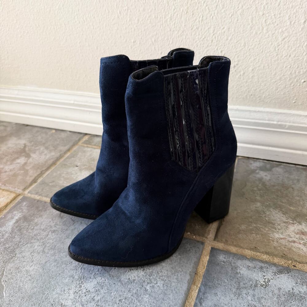 Franco Banetti Navy Suede Ankle Boots Point Toe Block Heel Size 6